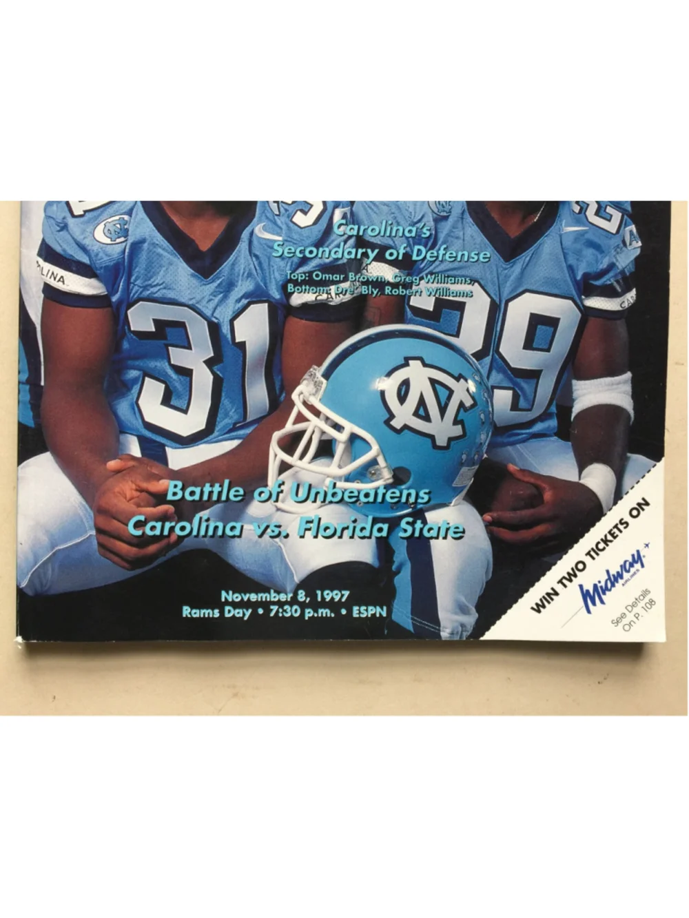Nov 8 1997 Tar Hill Football Magazine, UNC Tar Heels, Carolina VS Florida State